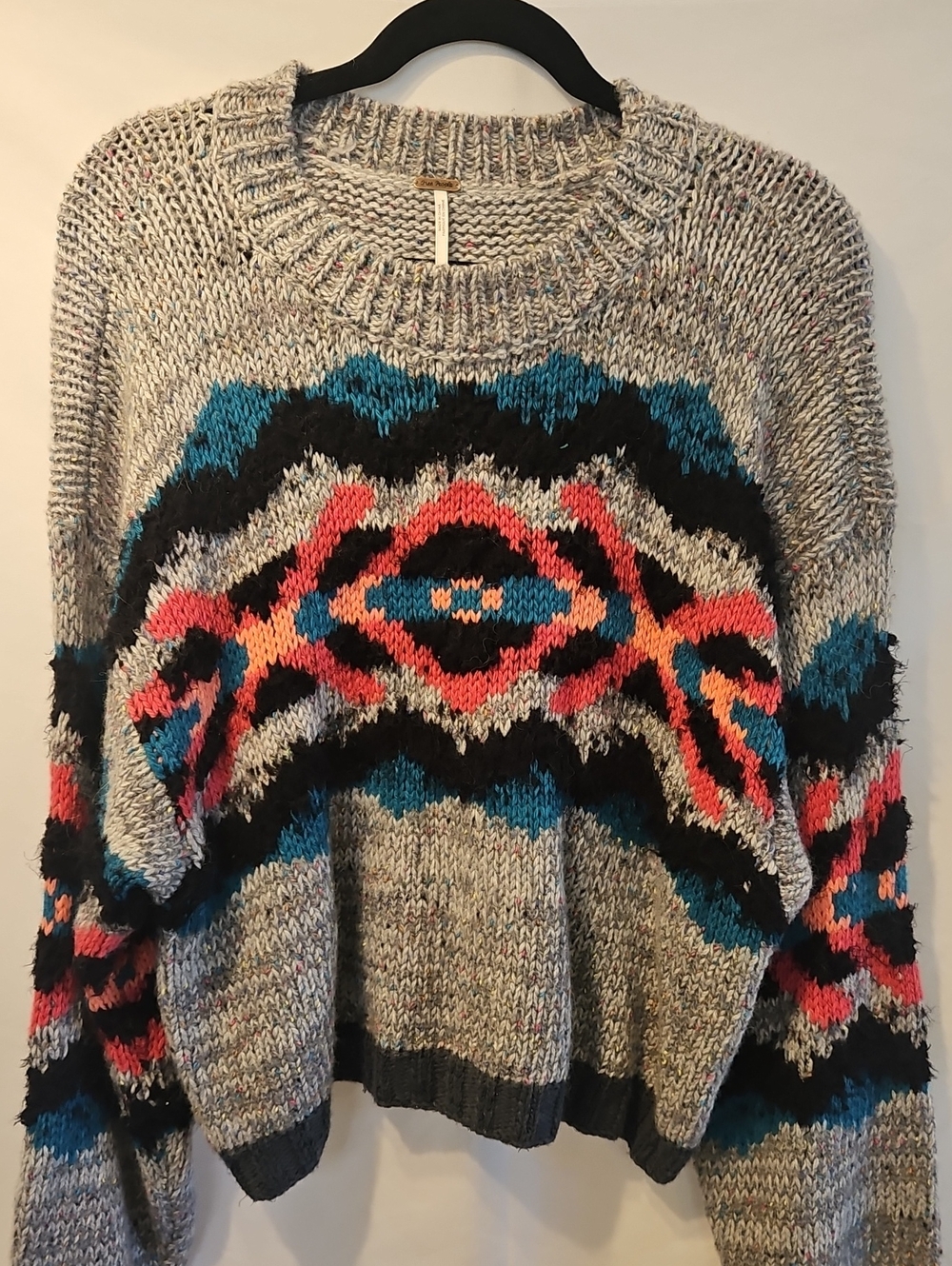 Free People Oversized Fair Isle Wool Alpaca Sweater Gray Coral Blue Boho